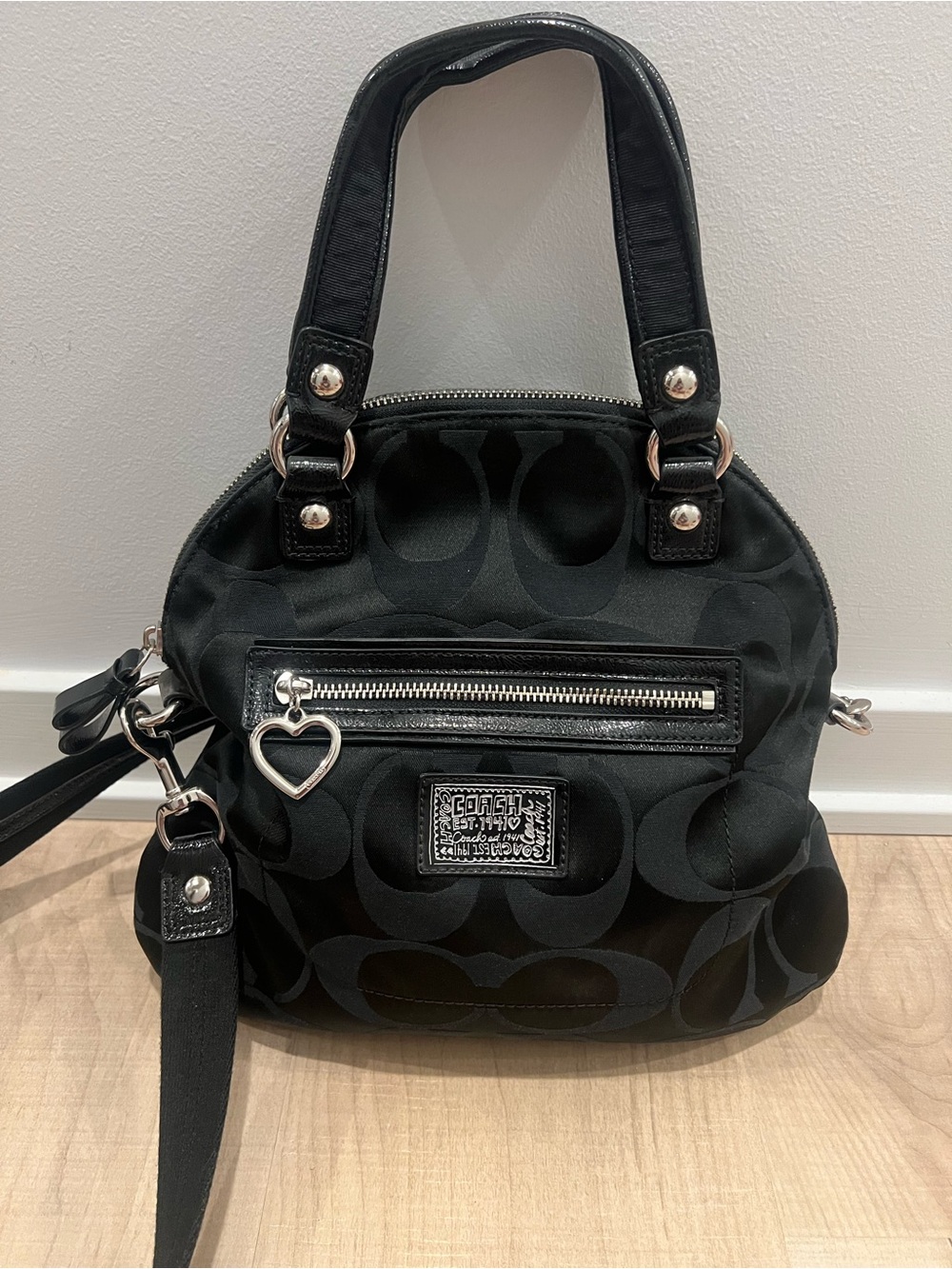 Coach Black Signature Dome Satchel with Heart Charm Accent